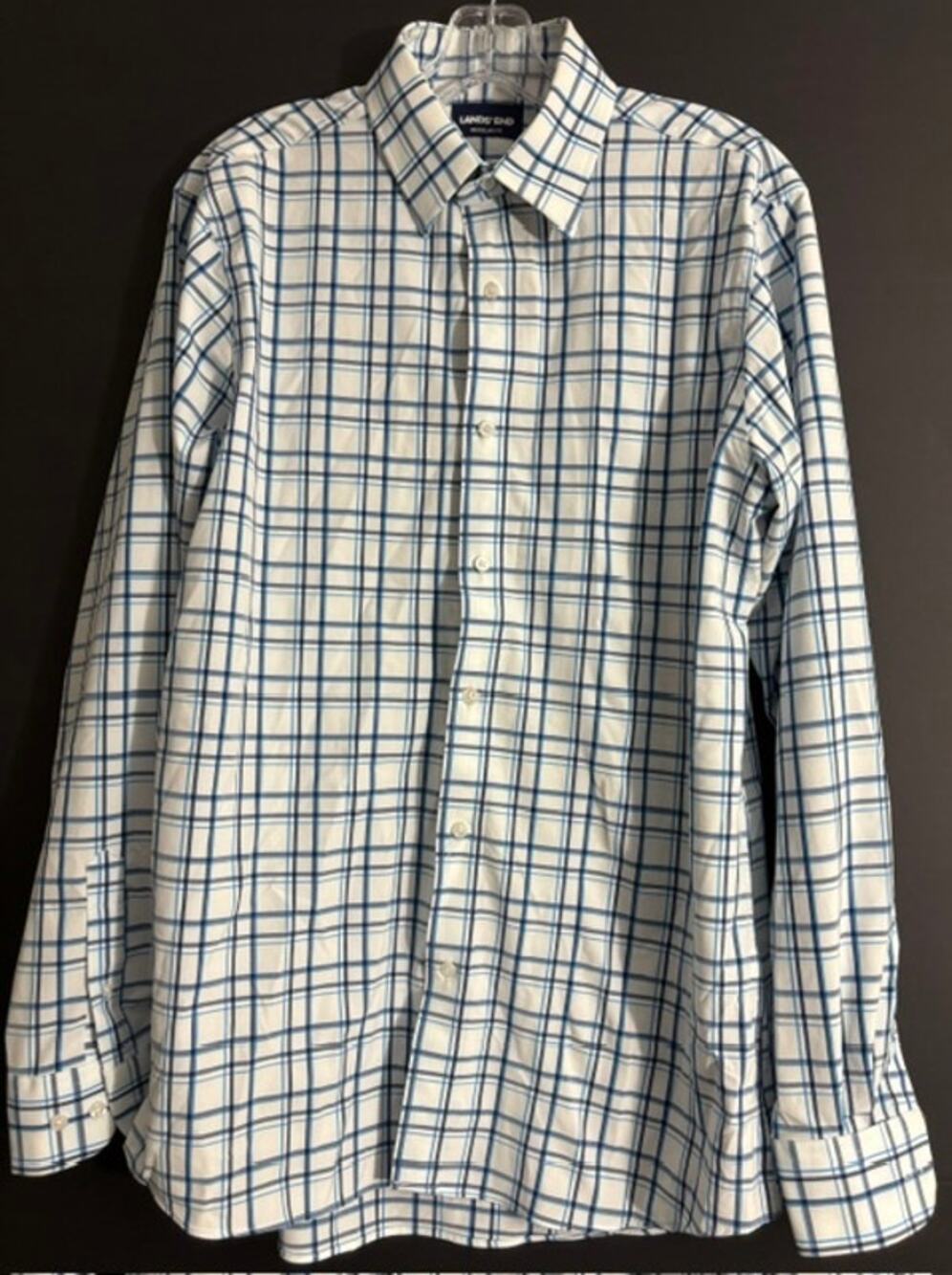 Lands End Men M Dress Shirt 15 15.5 34/35 Regular Fit Blue Plaid Stretch Tech